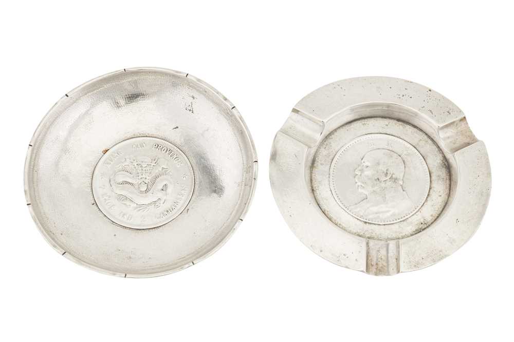 Lot 550 - Two mid-20th century Chinese export silver coin set ashtrays, Shanghai circa 1940 retailed by Nanking Store