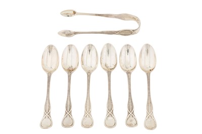 Lot 161 - A set of six Victorian sterling silver teaspoons and a pair of sugar tongs, London 1863-64 by George Adams of Chawner and Co