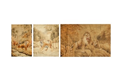 Lot 496 - THREE JAPANESE EMBROIDERED 'BEAST' PANELS