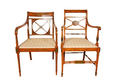 Lot 240 - A PAIR OF SHERATON REVIVAL ELBOW CHAIRS, CIRCA 1900