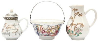 Lot 157 - TWO CHINESE EXPORT SPARROW-BEAK JUGS AND A FAMILLE-ROSE BOWL