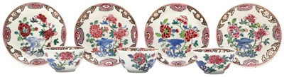 Lot 154 - THREE CHINESE FAMILLE-ROSE CUPS AND FOUR SAUCERS