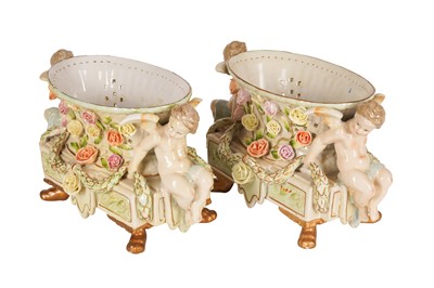 Lot 139 - A PAIR OF MID 20TH CENTURY DRESDEN PORCELAIN CENTRE PIECES