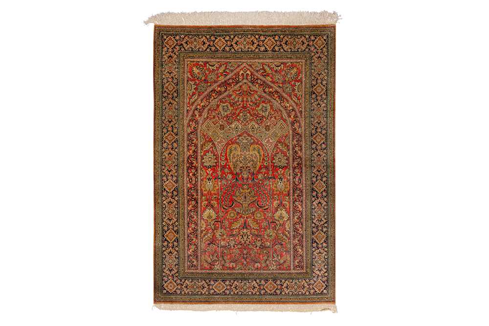 Lot 33 - A VERY FINE SILK QUM PRAYER RUG, CENTRAL