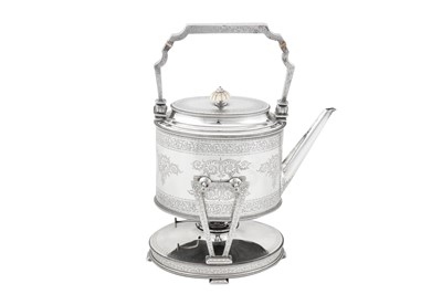 Lot 410 - A Victorian sterling silver kettle upon burner stand, Birmingham 1865/66 by Elkington and Co