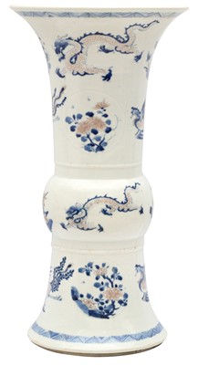 Lot 440 - A CHINESE BLUE AND WHITE AND COPPER-RED VASE, GU