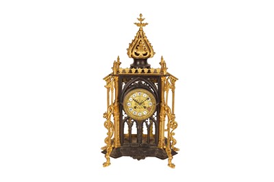 Lot 293 - A VICTORIAN GOTHIC REVIVAL BRONZED AND PARCEL GILT BRASS CLOCK