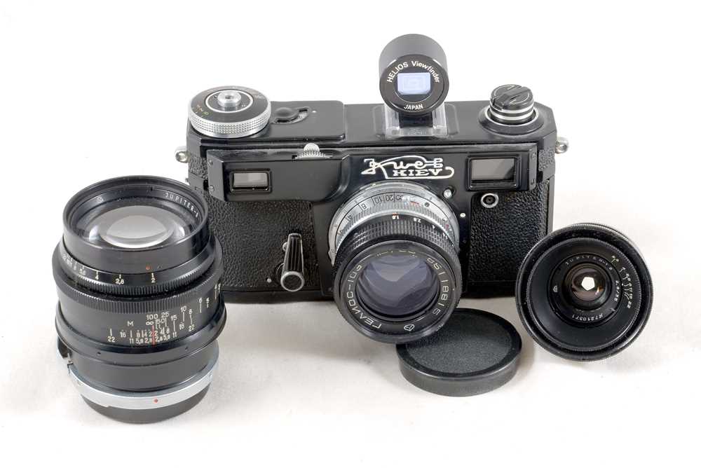 Lot 182 - A 3-Lens Black Kiev 4 (Contax Copy) Outfit.