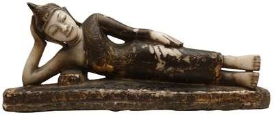 Lot 484 - A BURMESE PARCEL-GILT MARBLE CARVING OF RECLINING BUDDHA