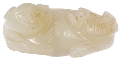 Lot 188 - A CHINESE CELADON JADE 'CAT' CARVING