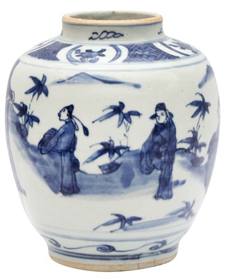 Lot 100 - A CHINESE BLUE AND WHITE 'FIGURATIVE LANDSCAPE' JAR