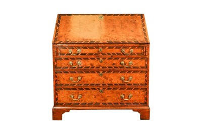 Lot 254 - A GEORGE II FIGURED WALNUT AND INLAID FALL FRONT BUREAU, MID 18TH CENTURY