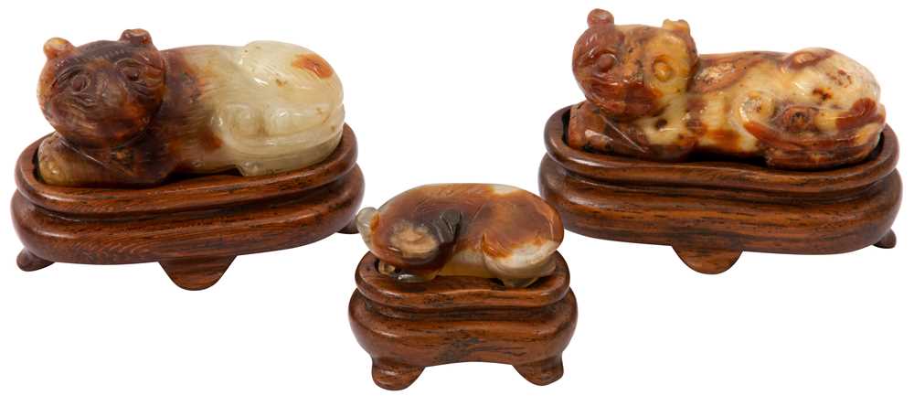 Lot 190 - THREE CHINESE HARDSTONE 'CAT' CARVINGS