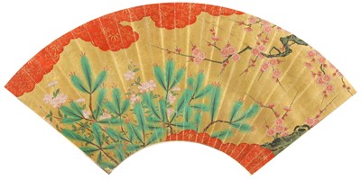 Lot 487 - A MOUNTED JAPANESE FOLDING FAN