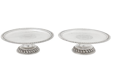 Lot A pair William III Britannia standard silver small dressing set footed salvers or tazza, London 1700 by Joseph Ward