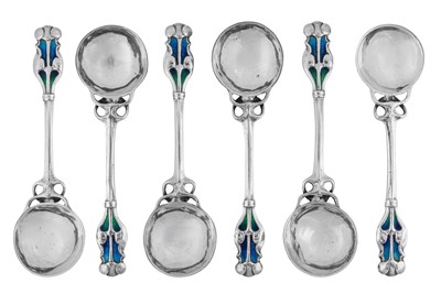 Lot 350 - A set of Edwardian ‘Arts and Crafts’ sterling silver and enamel spoons, London 1903 by William Hutton and Sons for George Lawrence Connell (reg. 27th April 1893)