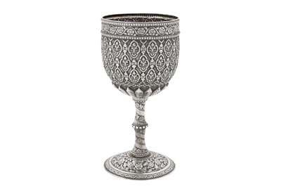 Lot An unusual late 19th century Anglo – Indian unmarked silver goblet, probably Cutch dated 1888