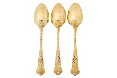Lot 348 - Three rare Victorian sterling silver gilt dessert service dessert spoons, London 1850 by George Adams of Chawner and Co