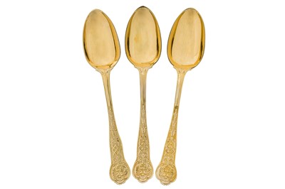 Lot 348 - Three rare Victorian sterling silver gilt dessert service dessert spoons, London 1850 by George Adams of Chawner and Co