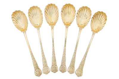 Lot 342 - A rare set of six Victorian sterling silver gilt dessert service fruit serving spoons, London 1850 by George Adams of Chawner and Co