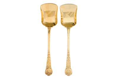 Lot 343 - A rare pair of Victorian sterling silver gilt dessert service ice cream spades, London 1850 by George Adams of Chawner and Co