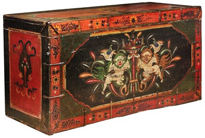 Lot 225 - A TIBETAN PAINTED WOOD 'MYTHICAL BEAST' CHEST