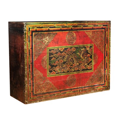 Lot 545 - A very large Tibetan painted wood 'dragon' chest, 17th - 18th century