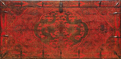 Lot 852 - A LARGE TIBETAN PAINTED WOOD 'DRAGON' CHEST