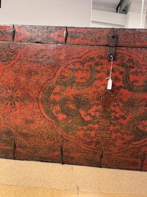 Lot 852 - A LARGE TIBETAN PAINTED WOOD 'DRAGON' CHEST