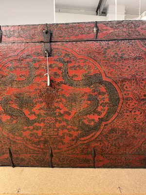 Lot 852 - A LARGE TIBETAN PAINTED WOOD 'DRAGON' CHEST