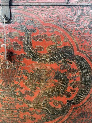 Lot 852 - A LARGE TIBETAN PAINTED WOOD 'DRAGON' CHEST