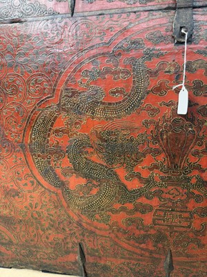 Lot 852 - A LARGE TIBETAN PAINTED WOOD 'DRAGON' CHEST