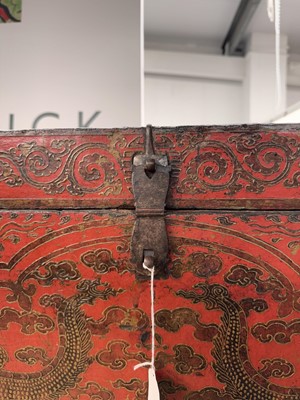 Lot 852 - A LARGE TIBETAN PAINTED WOOD 'DRAGON' CHEST