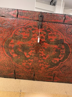 Lot 852 - A LARGE TIBETAN PAINTED WOOD 'DRAGON' CHEST