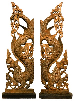 Lot 483 - A LARGE PAIR OF THAI 'NAGA DRAGON' TEMPLE CARVINGS