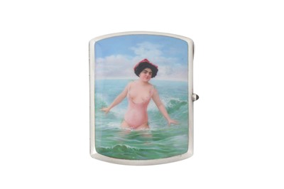 Lot 23 - An early 20th century German silver and enamel erotic cigarette case, Pforzheim with import marks for Birmingham 1911 by Steinhart & Co