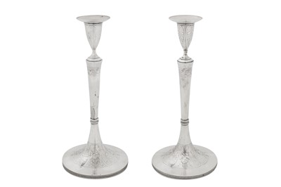 Lot 278 - A pair of early 19th century Austrian 13 loth (812 standard) silver candlesticks, Vienna probably 1805 by Paul Mayerhofer (active 1785-1811)
