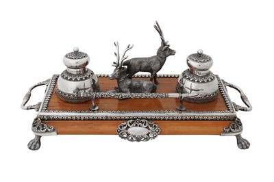 Lot 120 - A late 19th century Anglo – Indian silver mounted rosewood inkstand or standish, Cutch, Bhuj circa 1890