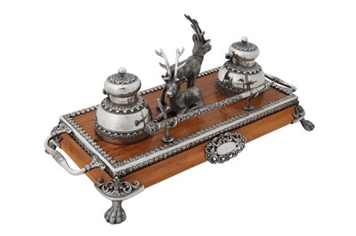Lot 120 - A late 19th century Anglo – Indian silver mounted rosewood inkstand or standish, Cutch, Bhuj circa 1890