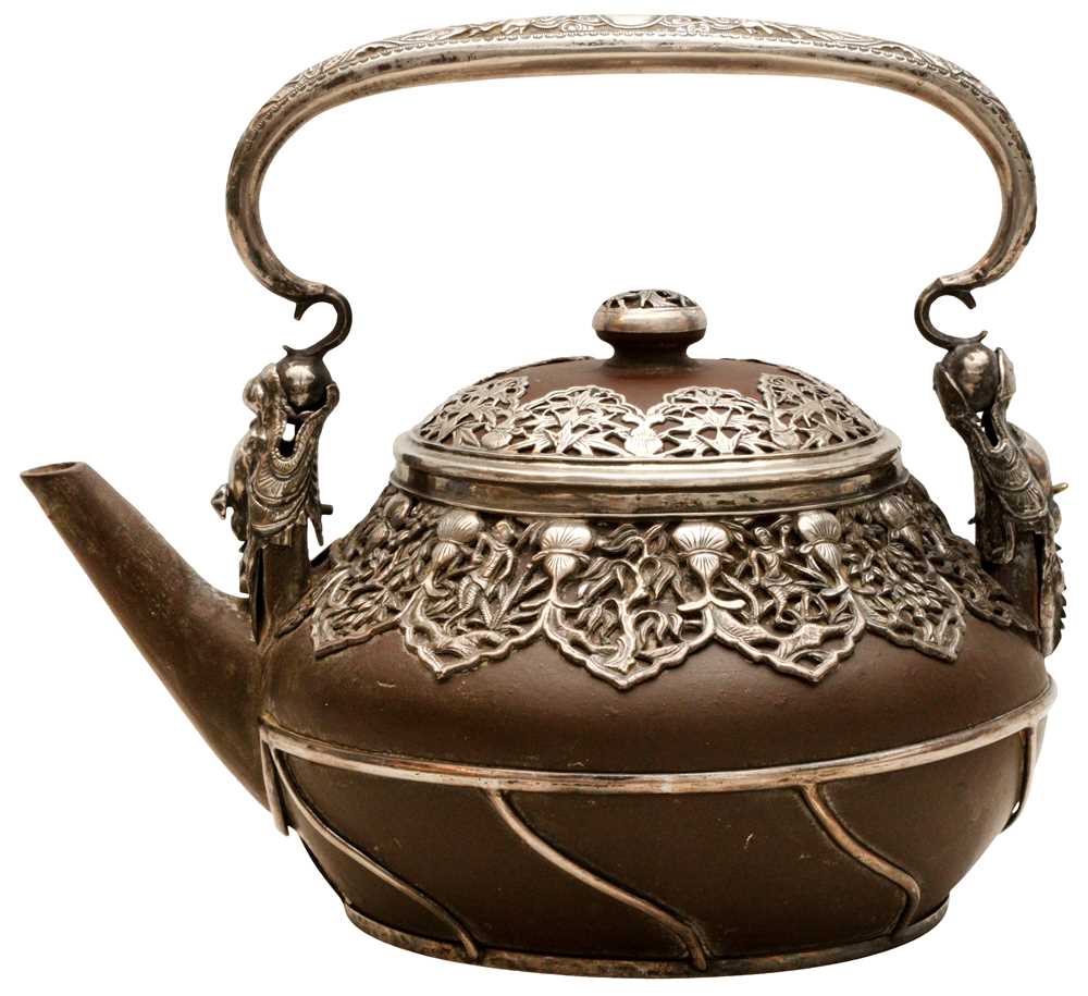 Lot 954 - A CHINESE YIXING TEAPOT WITH VIETNAMESE SILVER MOUNTS