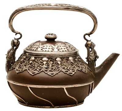 Lot 954 - A CHINESE YIXING TEAPOT WITH VIETNAMESE SILVER MOUNTS