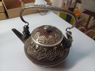 Lot 954 - A CHINESE YIXING TEAPOT WITH VIETNAMESE SILVER MOUNTS