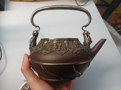 Lot 954 - A CHINESE YIXING TEAPOT WITH VIETNAMESE SILVER MOUNTS