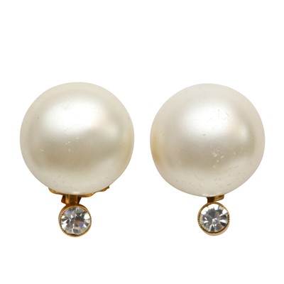 Lot 217 - Chanel White Pearl Crystal Accent Clip On Earrings