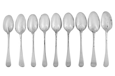 Lot 338 - Seven Queen Anne Britannia standard silver tablespoons, London 1713, maker’s mark obliterated