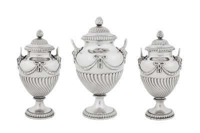 Lot 441 - A set of George III sterling silver condiment and sugar vases or urns, London 1769 by John Parker and Edward Wakelin (active 1759-1777)