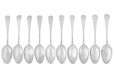 Lot 339 - Nine George II sterling silver tablespoons, London 1749 by Alexander Johnston (reg. Jan 1748)