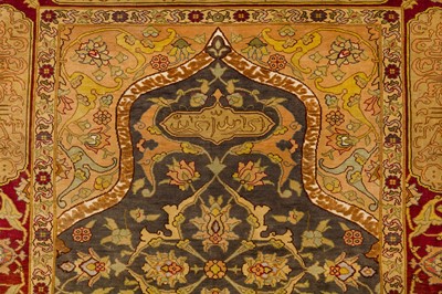 Lot 17 - AN EXTREMELY FINE SILK AND METAL THREAD SIGNED HEREKE PRAYER RUG, TURKEY