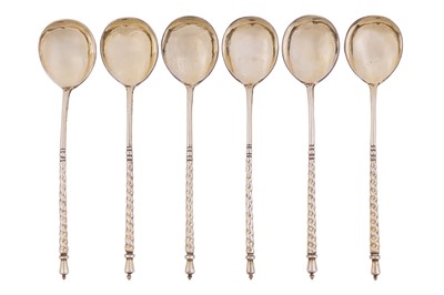 Lot 247 - A set of six Alexander III Russian 84 Zolotnik silver gilt spoons, Moscow circa 1882 by Luka Lozinsky (active 1882-1908)