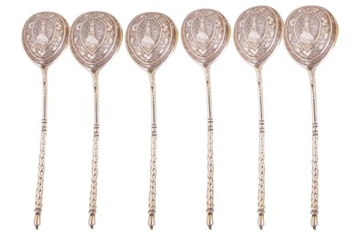 Lot 247 - A set of six Alexander III Russian 84 Zolotnik silver gilt spoons, Moscow circa 1882 by Luka Lozinsky (active 1882-1908)